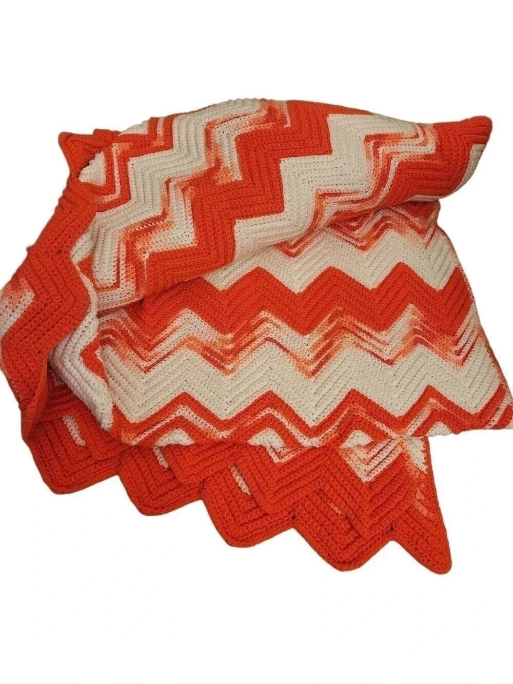 Vtg 70s XL Crochet Ripple Afghan Blanket 55x88 Bright Pink White Chevron Retro